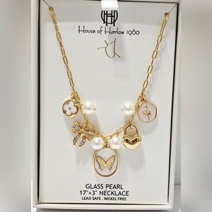 House of Harlow 1960 Gold Pearl Charm Necklace Bow Heart Butterfly